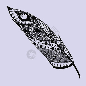 潮人羽毛状手绘涂鸦zentangle羽毛从背景中分离黑色插图与不同的装饰品手绘涂鸦黑色和白插图太阳图片