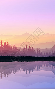 顶峰地平线插图自然的松树林山地平面壁纸日出和落说明矢量风格色彩多的视野背景图案Name图片