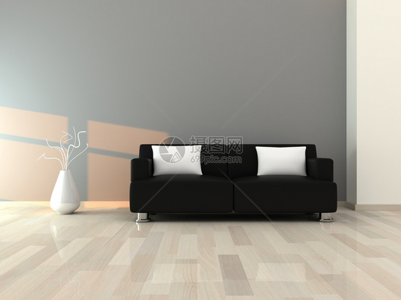 装饰家白色现代房间灰墙和黑沙发的内部图片