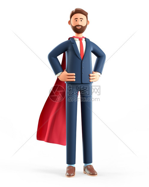 3D说明在超级英雄斗篷中站立的强权人物漫画笑胡子的超级商业英雄画像孤立在白色背景上渲染的行动图片