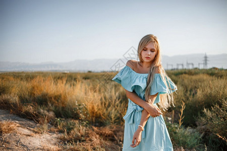 常设淑女冷静的身着浅蓝色轻礼服站在一个田地上旁边一条小乡村路旁有晒太阳草的年轻美丽caucasian金发美女肖像图片