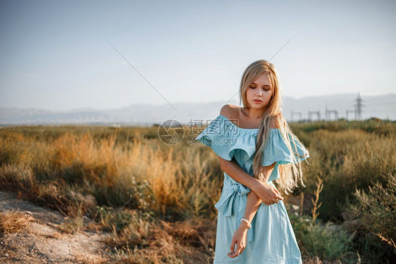 常设淑女冷静的身着浅蓝色轻礼服站在一个田地上旁边一条小乡村路旁有晒太阳草的年轻美丽caucasian金发美女肖像图片