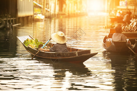 旅行卖方在泰国传统浮动市场中卖水果的国在泰传统漂浮市场上帆木船民间背景图片