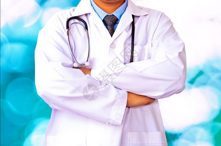 医院生实验室白外套超过bokeh蓝色背景麻醉师军医图片