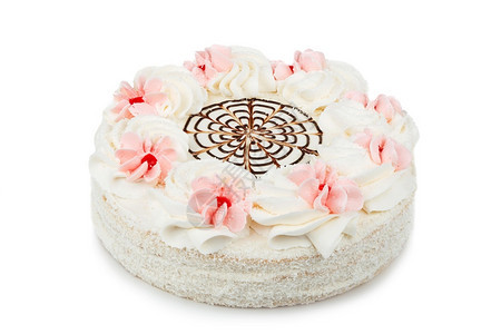 黑暗的白色巧克力蛋糕装饰在白色背景上隔绝的奶油花饮食馅饼图片