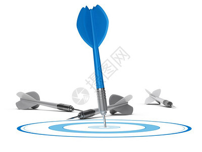 抽象的咨询成功一个目标和地板上的许多飞镖一个蓝色击中了3D圆的心使概念超越白色背景的概念适合战略营销或竞争优势的战略管理概念目标图片