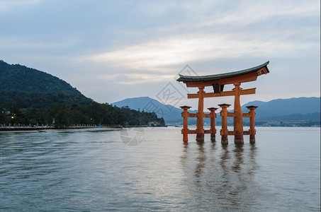 受欢迎的日本广岛宫神庙著名的漂浮托里门日落景色令人惊叹地标浪潮图片