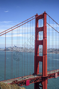 金门大桥第一塔和阳光明媚的旧金山市中心一楼吸引力结构体海图片