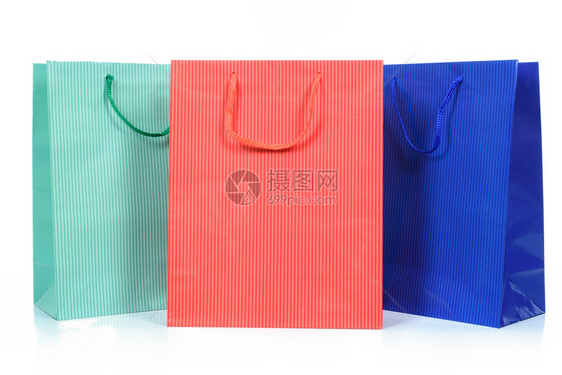 三袋不同颜色的购物袋紧闭并隔离在白色背景上3袋商业的包裹不同图片