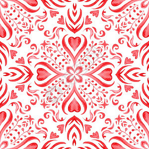 装饰品水彩瓷图案红无缝的装饰水白丝绸的花织纹画图纸红色无缝的珠水红色花板向量小插图图片