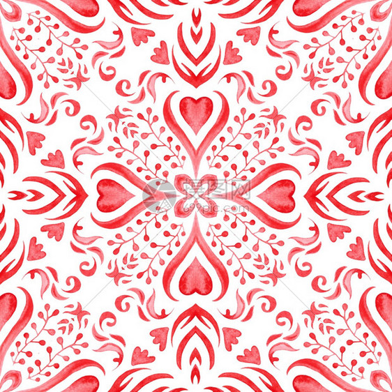 装饰品水彩瓷图案红无缝的装饰水白丝绸的花织纹画图纸红色无缝的珠水红色花板向量小插图图片