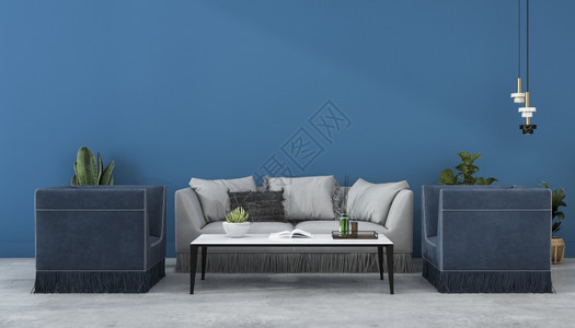 屋干净的白色3d在客厅用扶手椅模拟扫描的蓝色墙壁和沙发图片