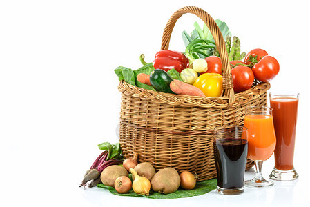 矿物购维他命健康饮食概念装满各种蔬菜和果汁的篮子以白底眼镜戴图片