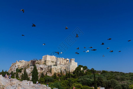 大理石希腊雅典2018年6月9日希腊雅典城岩的风景空中有飞鸽子和观光游客在地上希腊的旅行图片