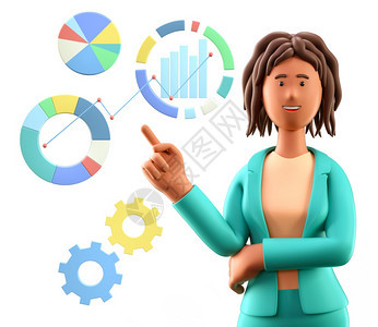 使成为办公室3D插图非洲美妇女用图表信息和式仪板来指向制作思想分析商业战略的Cute漫画女商人金融图片
