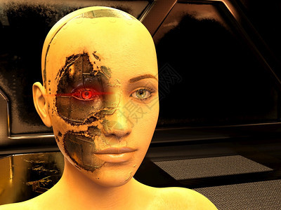插图数字的眼睛未来黑暗房间里的Cyborg妇女3D使Cyborg女人变成形图片