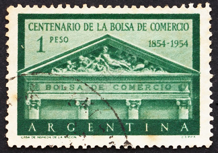 复古的阿根廷CIRCA1954年阿根廷印刷的章显示Pediment布宜诺斯艾利证券交易所成立百年1954第期办公室集邮图片