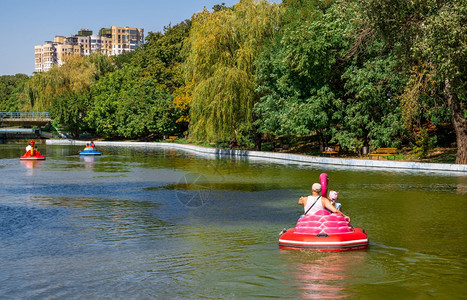 乌克兰敖德萨083219在阳光明媚的秋日人们在乌克兰敖德萨胜利公园的池塘上乘船树木秋天骑图片