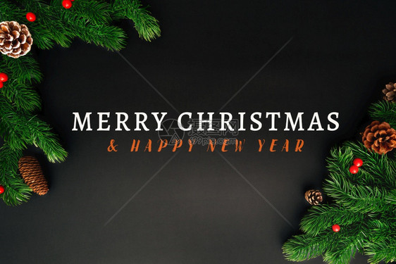 季节宗教的乐趣圣诞松树黑色背景的xma装饰品图片
