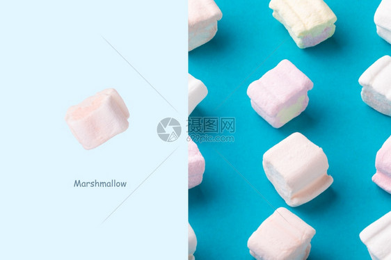 生日软糖乐趣由甜棉花糖制成的创意布局以蓝底背景图片