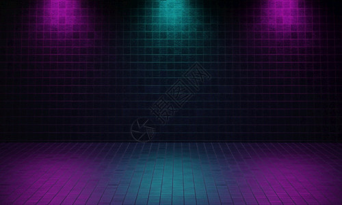 黑色的空房由有紫和蓝色聚光灯背景的砖块制成Cyberpunk风格和戏剧舞台概念建筑和内部主题3D显示图形设计绿色渲染迪斯科图片