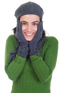 吸引人的可爱冬季妇女肖像上面有围巾手套和帽子白本孤立快乐的女士图片
