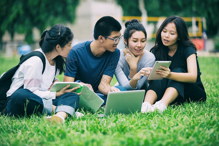 亚洲学生们在户外草坪上一起分享想法图片