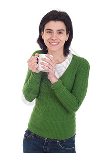 脸绿色带着咖啡茶杯的笑着随意妇女被白种背景隔绝吸引人的图片