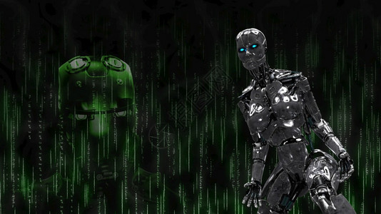 黑色机器人背景上的金属机器人黑色机器人背景上的3d渲染金属机器人超现实主义光滑身体图片