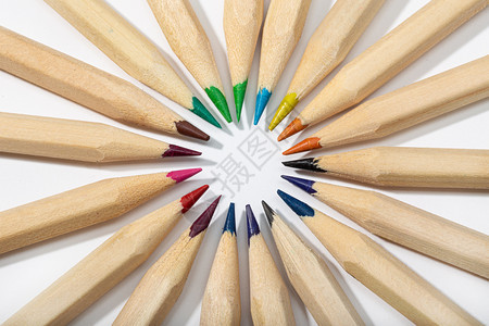彩色铅笔排列在圆圈中返回到学校背景白色的画创造力图片