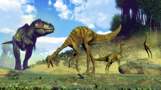 捕食者打猎霸王龙令人惊讶的鸡腿恐龙在白天成群3D渲染霸王龙令人惊讶的鸡腿恐龙渲染雷克斯图片