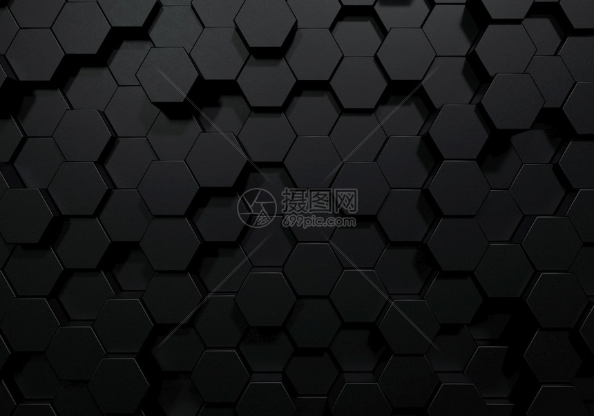 黑色六边形蜂窝状的马特面表层向上移动时随机下抽象现代设计背景概念3D图解显示形设计现代的灰色渲染图片