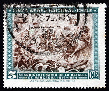 邮件绘画纸CHILECIRCA1965智利印刷的一张有智利兰卡瓜之战智利独立争的邮票1965年第0周纪念日图片