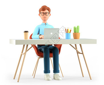 桌子3D插图在现代办公室桌上工作的笑可爱男人使用笔记本电脑白色背景工作场所概念孤立的卡通快乐商人或自由职业者卡通片仙人掌图片