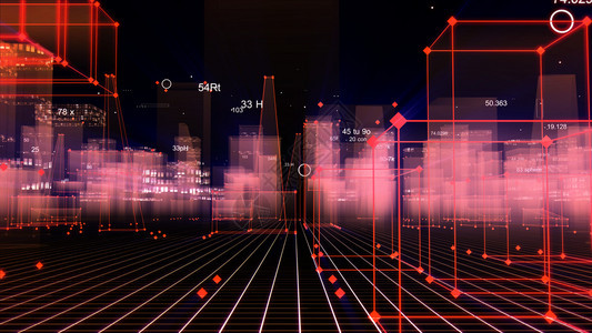 未来派3D从网络空间和信息存储中的数据向抽象技术数字城市展示信息空间存储中的抽象技术夜晚商业图片