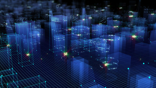 蓝色的摩天大楼3D从网络空间和信息存储中的数据向抽象技术数字城市展示信息空间存储中的抽象技术全景图片