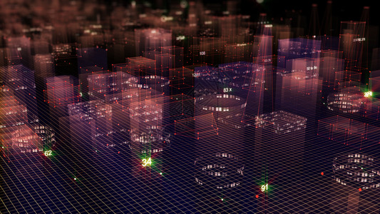 摩天大楼明亮的3D从网络空间和信息存储中的数据向抽象技术数字城市展示信息空间存储中的抽象技术贮存图片