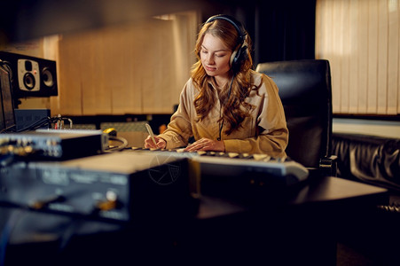 戴耳机的女音响工程师背景录音室内部合成器和混音乐家工作场所戴耳机的女工程师录音室混合女均衡器图片