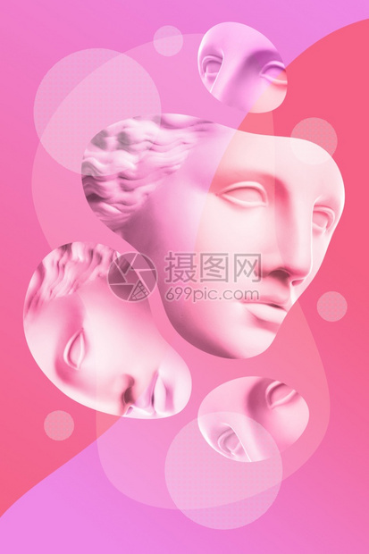 趋势氛围波普艺术风格的石膏仿古人脸雕塑拼贴现代创意概念形象与古代雕像头部杂志文化当代艺术海报复古设计时髦极简主义波普艺术风格的石图片