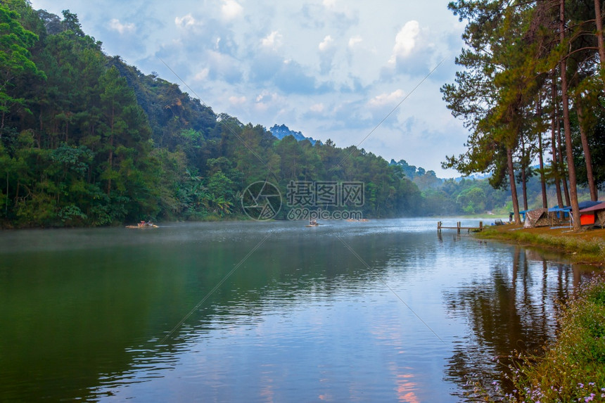 在松树下露营帐篷在泰国梅红子PangUng湖阳光照下扎营季节邦荣夏天图片