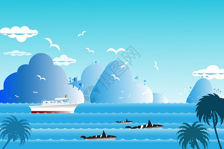 美丽的超过海面背景与鲸鱼家族在海面的景背在群岛蓝色和鱼类之间的水浪中以及鸟类在夏季天云背景下飞行说明野生物旅行图片