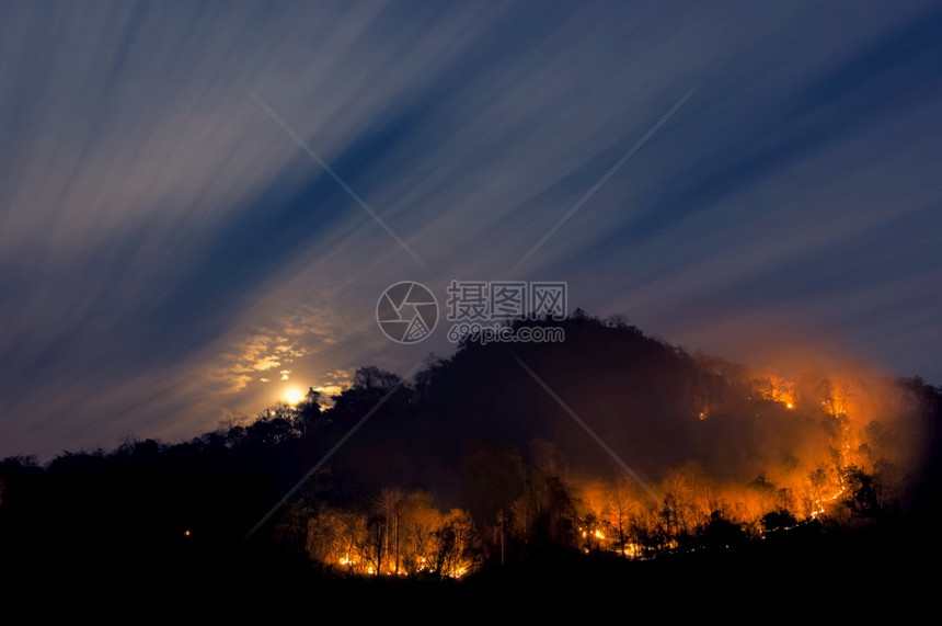 森林火灾山上的野烧树夜晚上在森林中以红色和橙的夜间在山上燃烧北泰国森林火灾野业饵危险图片