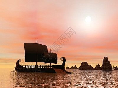 粉色的日落前在海面与岩石相邻的老希腊三角船贸易下一个图片