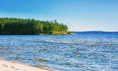 Karelian海景在阳光明媚的白天日落之在奥内加卡里连海景湖蓝色波浪中有花岗岩和松林的角旅游松树岬图片