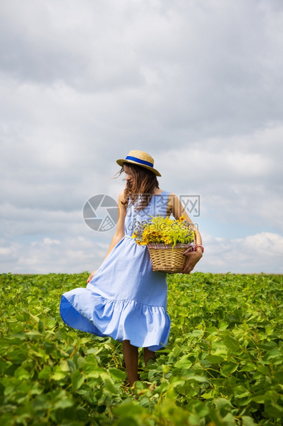 站立手白色的戴着帽子女孩站在绿地上有一篮子鲜花女孩在一栋绿地上有篮子鲜花图片