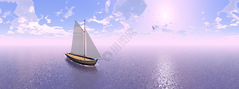 一艘帆船在日落前漂浮海鸥附近的水域上360度影响航船360度影响3D运输木制的形象图片