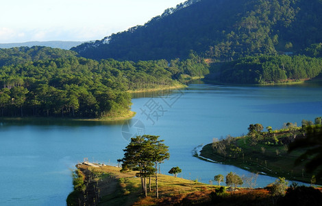 绿色农村越南达拉特Dalat的TuyenLam湖越南美丽的生态旅游景色松树林间惊人的湖泊美妙景象水上船只大拉特乡村是著名的度假地图片