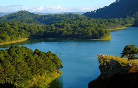 丛林景观越南达拉特Dalat的TuyenLam湖越南美丽的生态旅游景色松树林间惊人的湖泊美妙景象水上船只大拉特乡村是著名的度假地图片