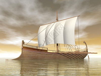 三重奏桨漂在海洋上的老希腊船由云彩褐色的白日帆图片