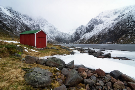 雪山下的小屋图片